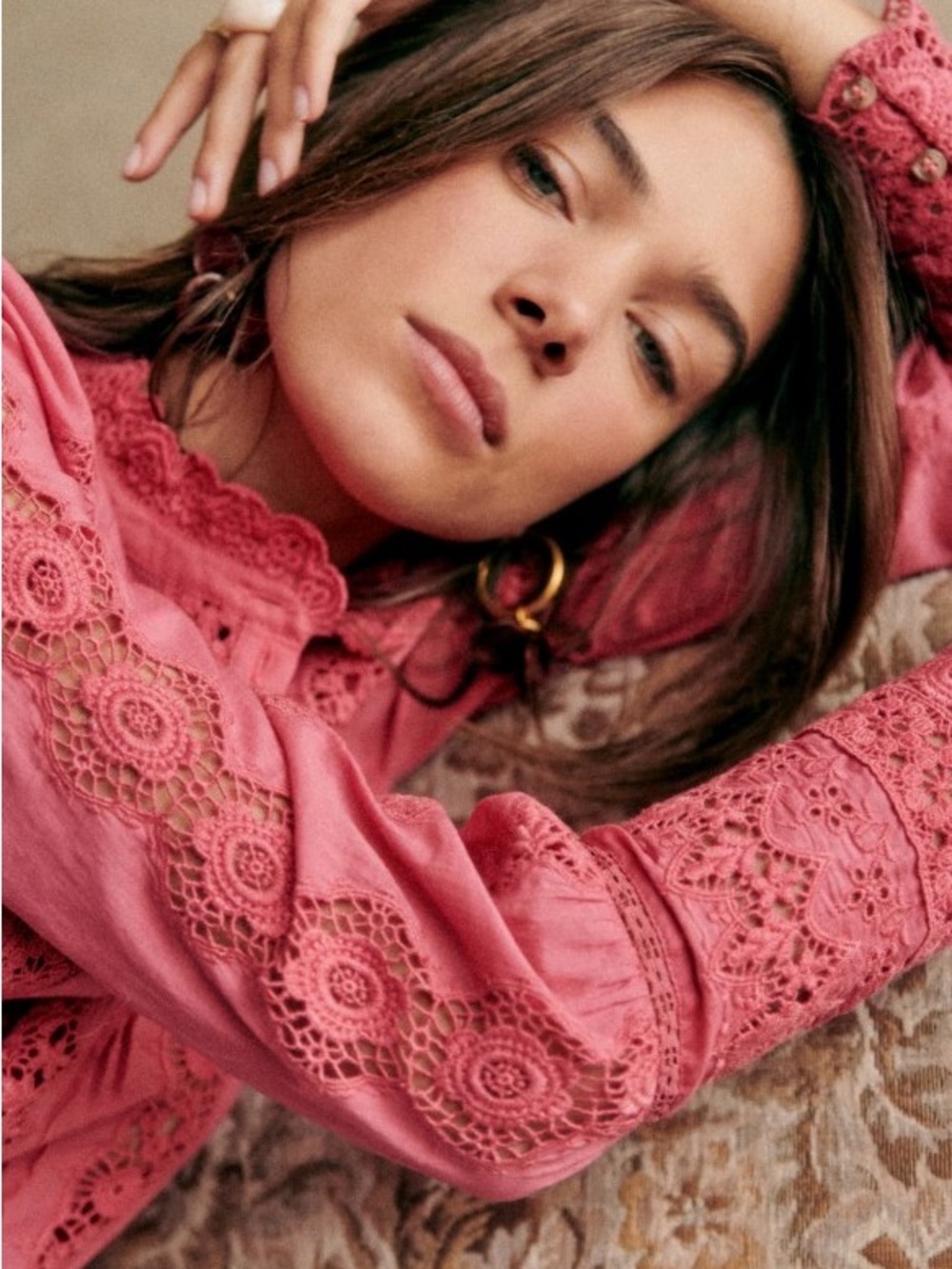 SEZANE Rosewood Floral Embroidered Crochet Lace Button Down Rym Shirt Blouse Top